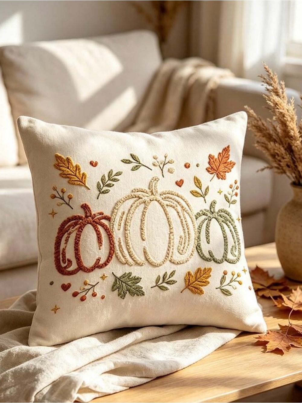 Embroidered Cream Pumpkin Pillow with Autumn Motif - 18in x 18in